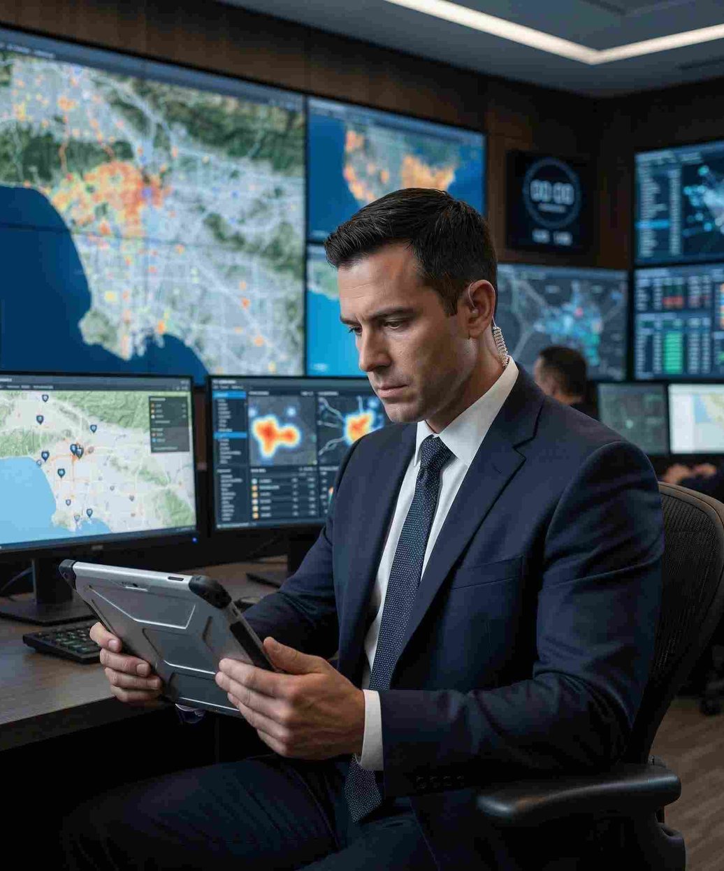 Pentagon threat assessment specialist analyzing risk intelligence for Southern California executive protection program
