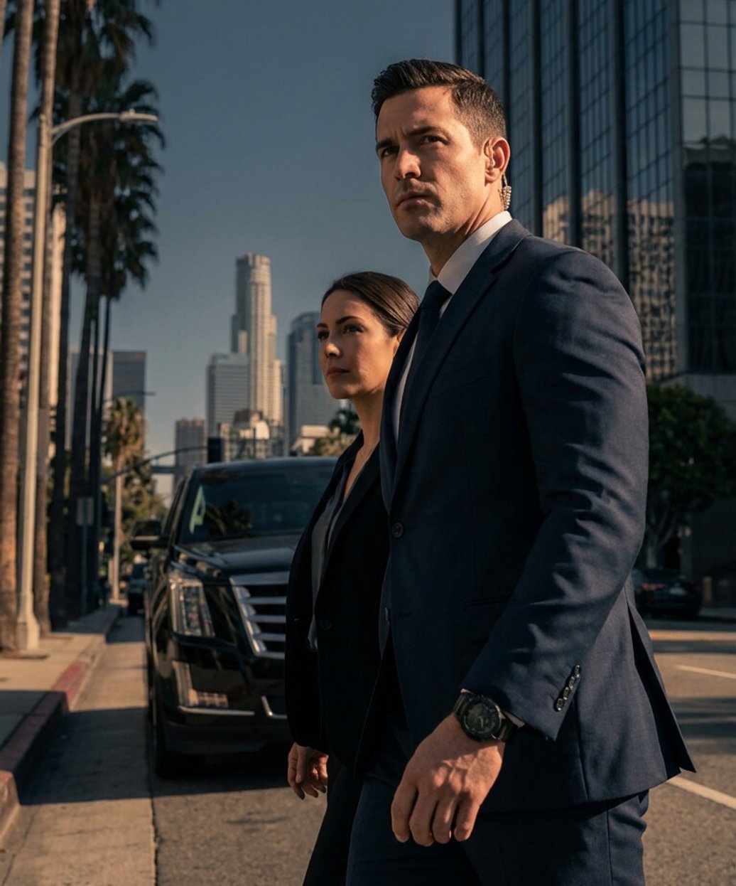 Close protection specialist maintaining security detail for VIP client in Los Angeles