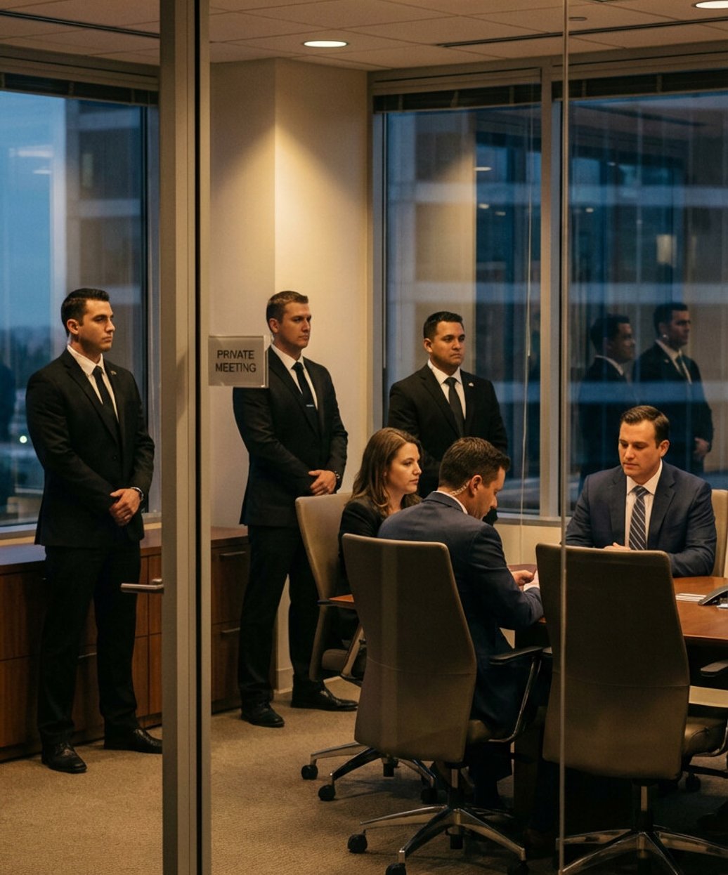 Pentagon security professional managing high-risk termination meeting in Orange County corporate environment