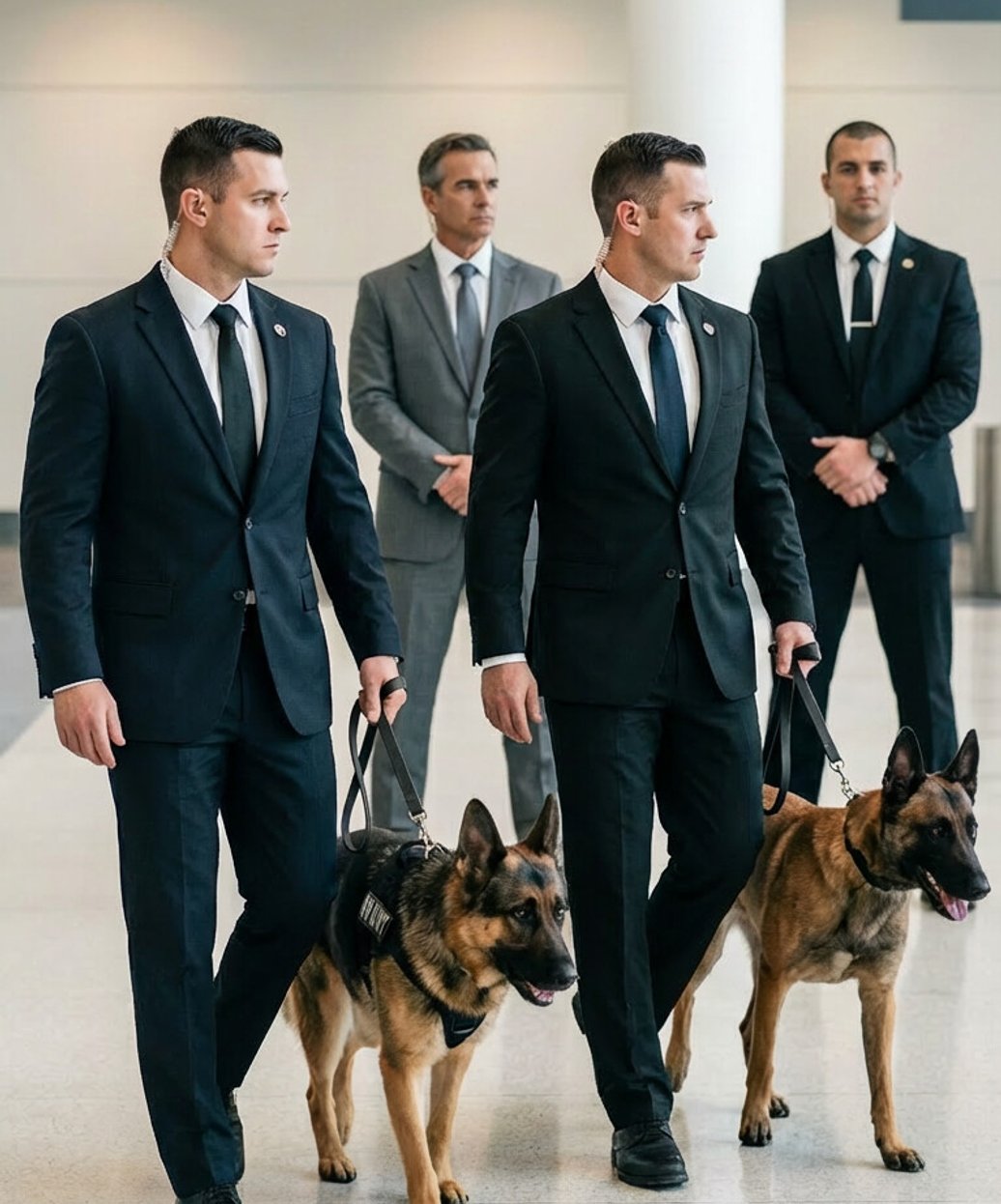 Pentagon K9 detection handler and canine providing professional security screening in Orange County facility