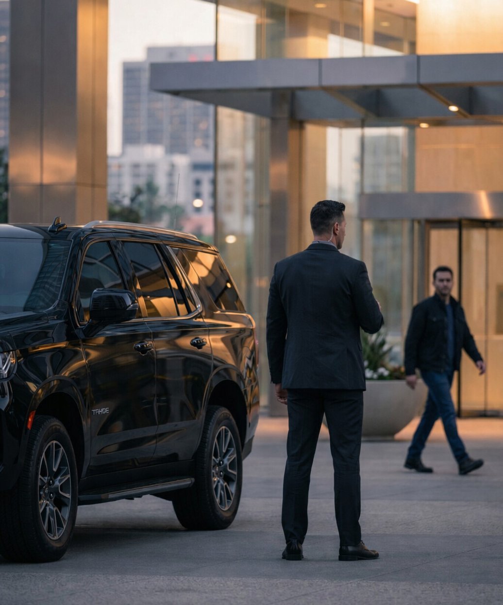 Close protection specialist maintaining security detail for VIP client in Southern California