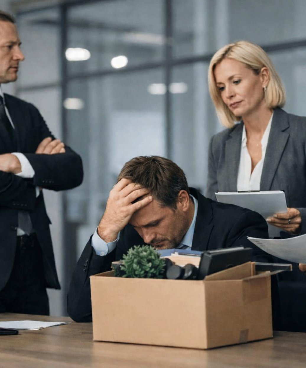 Professional security agent maintaining workplace safety during high-risk employee separation