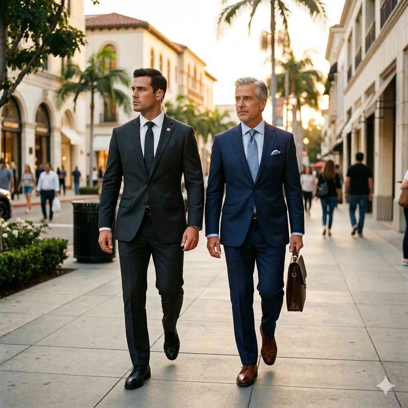 Professional close protection agent escorting an executive client through Beverly Hills Los Angeles