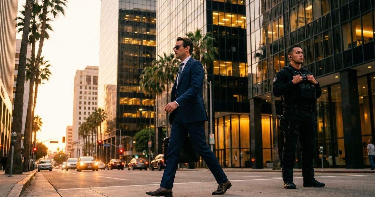 Business executive in a suit standing confidently outdoors with a city skyline in the background, symbolizing leadership and high-profile professional status