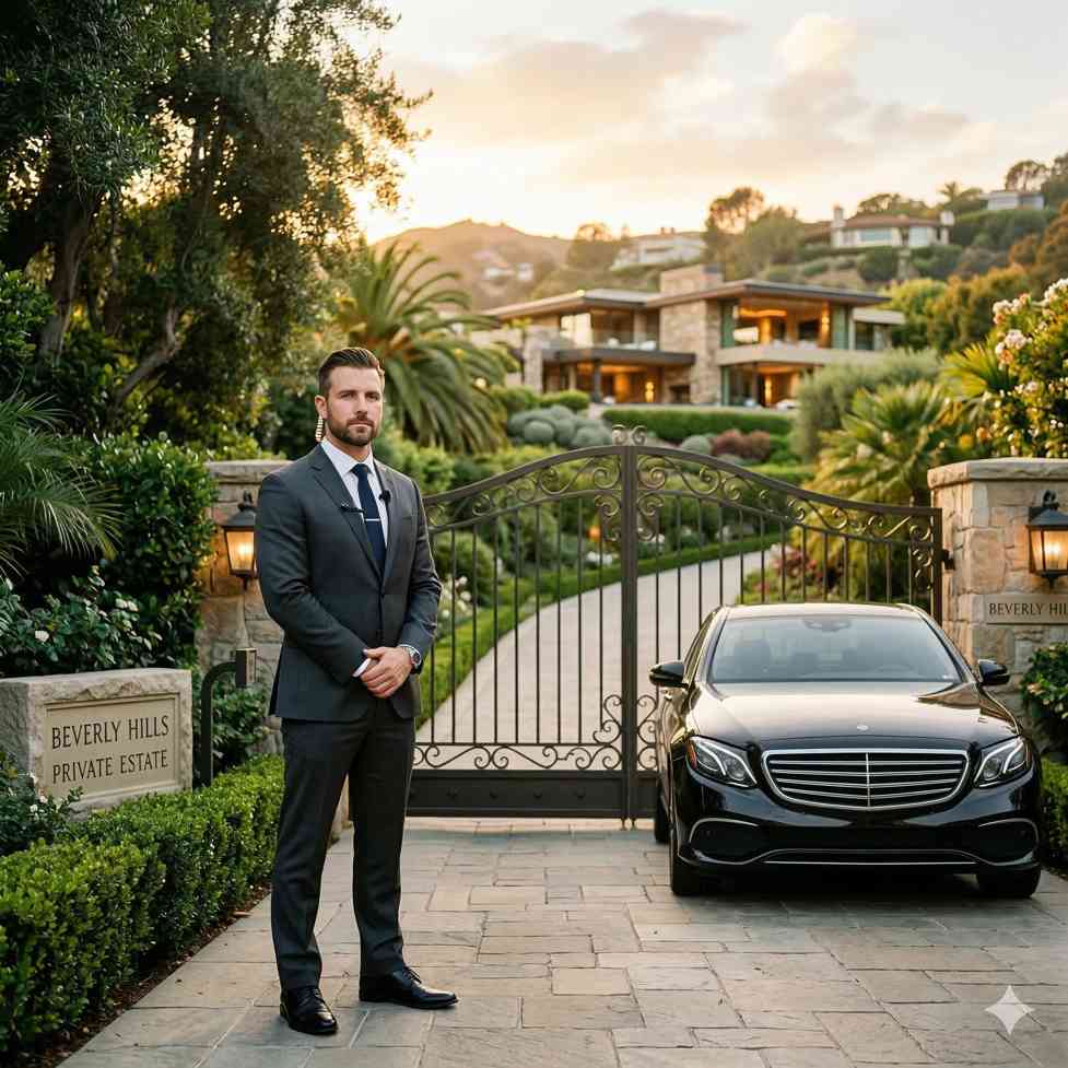 Professional executive protection agent standing discreetly in an upscale Los Angeles setting