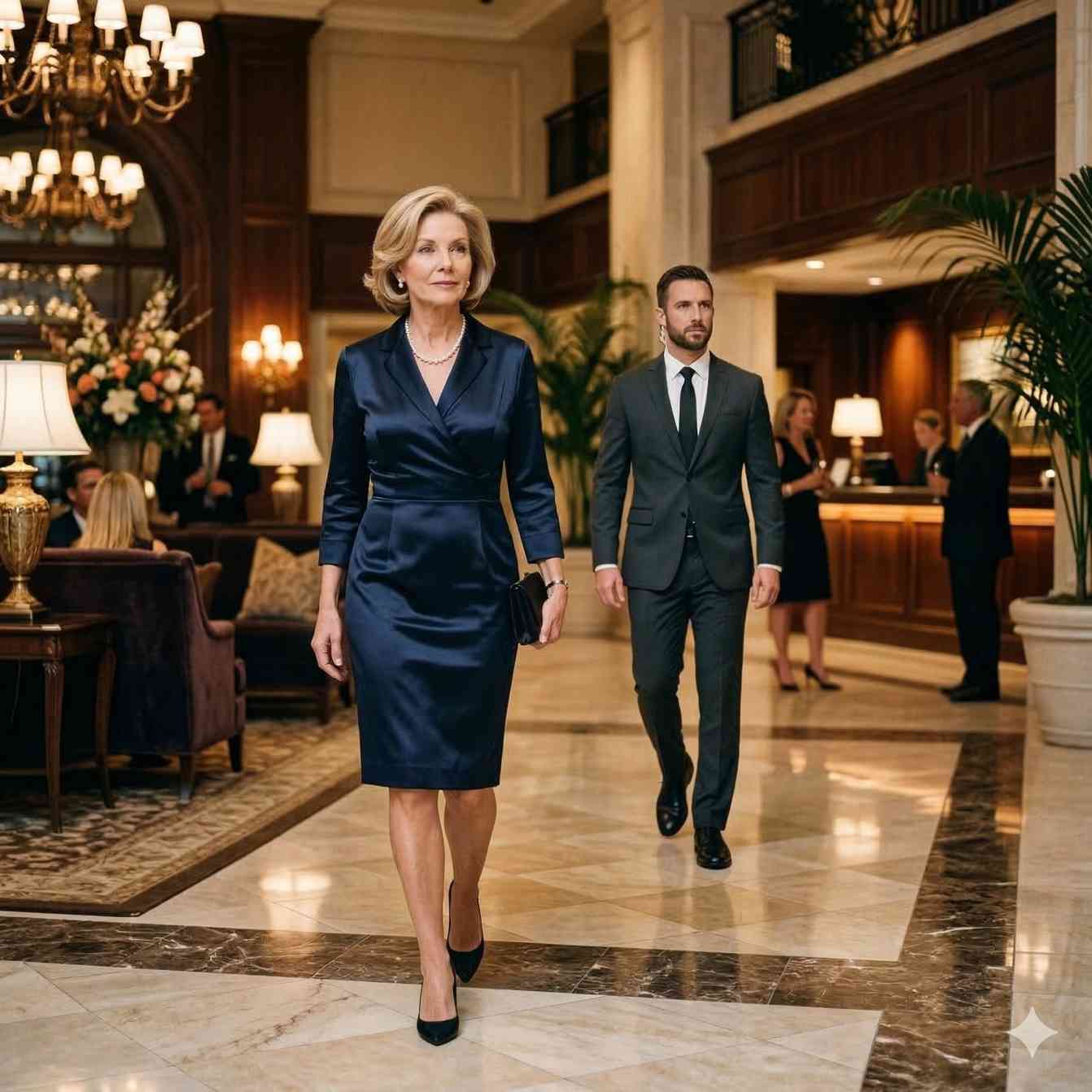 Professional bodyguard agent walking discreetly alongside a client in an upscale Southern California setting