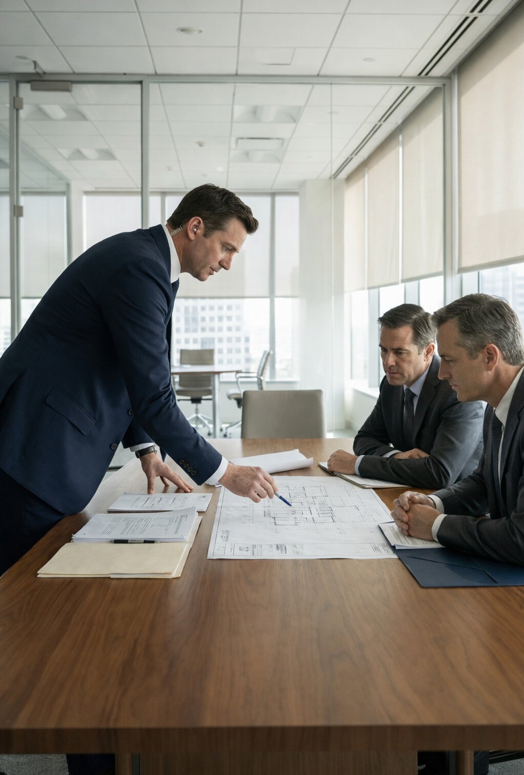 Pentagon corporate team discussing blueprints in a modern conference room.