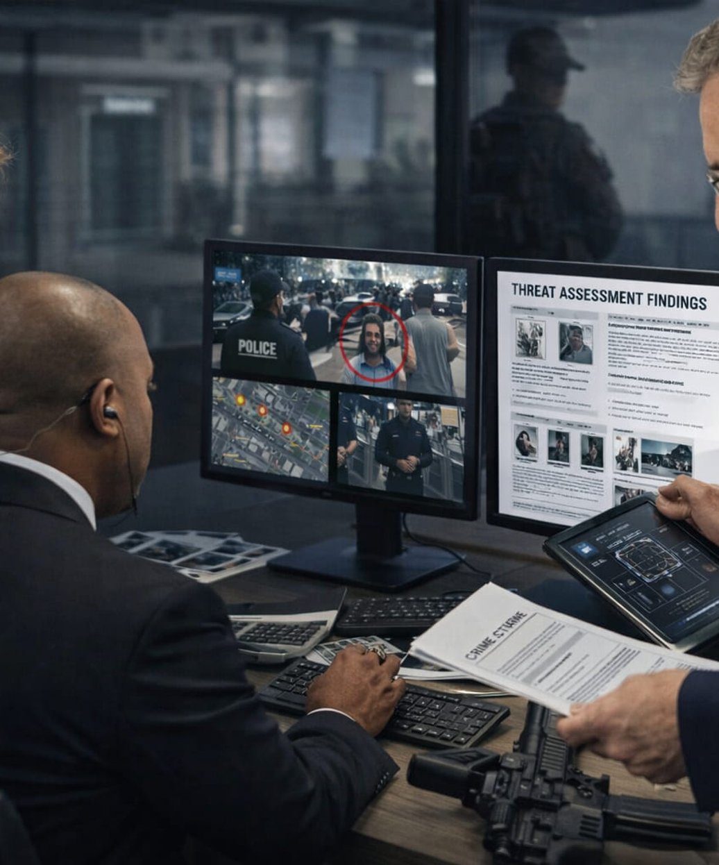 Security specialist analyzing behavioral patterns and risk factors during threat assessment